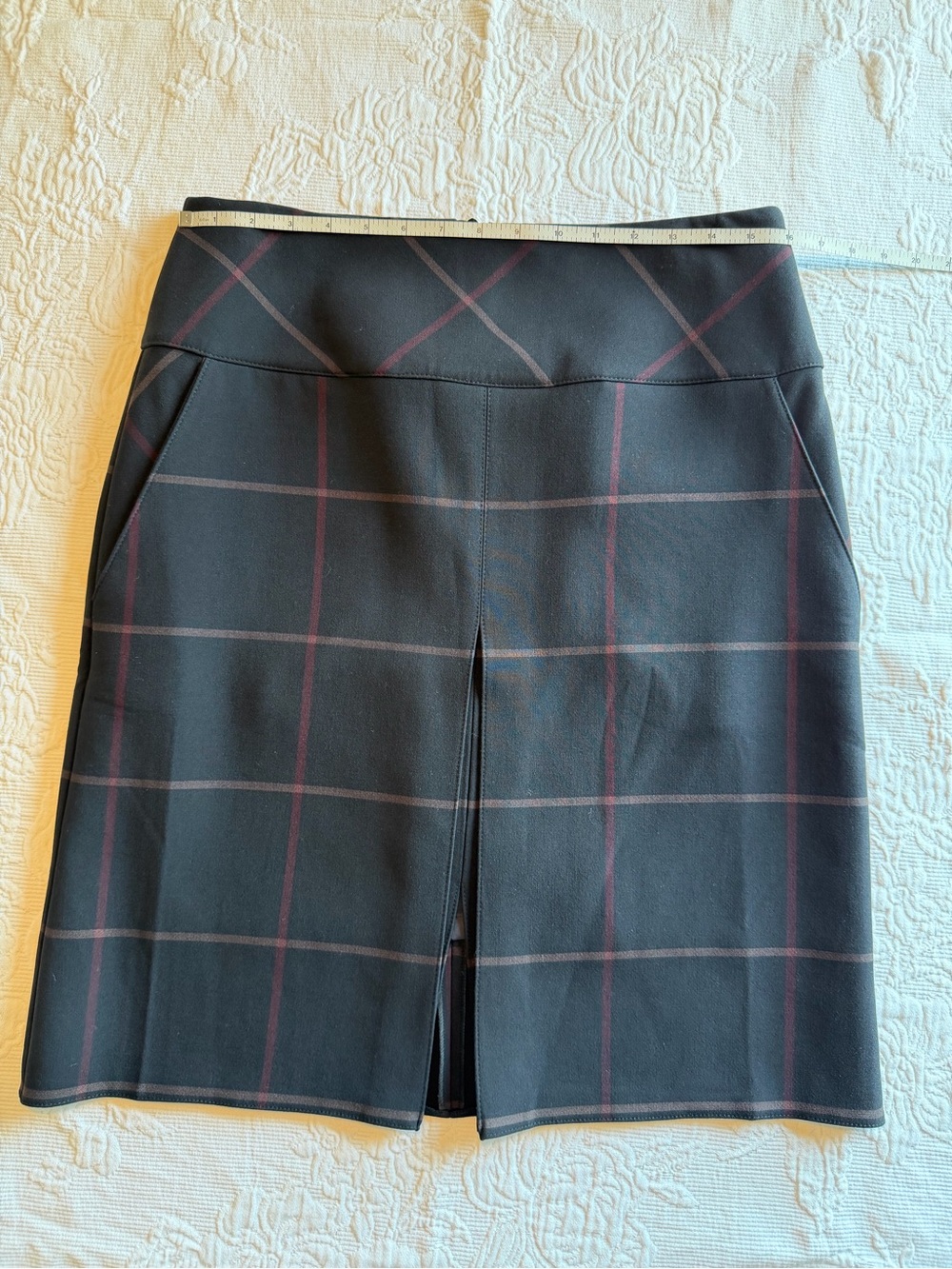 Guzella Navy Pencil Skirt with Burgundy and Beige Windowpane Design